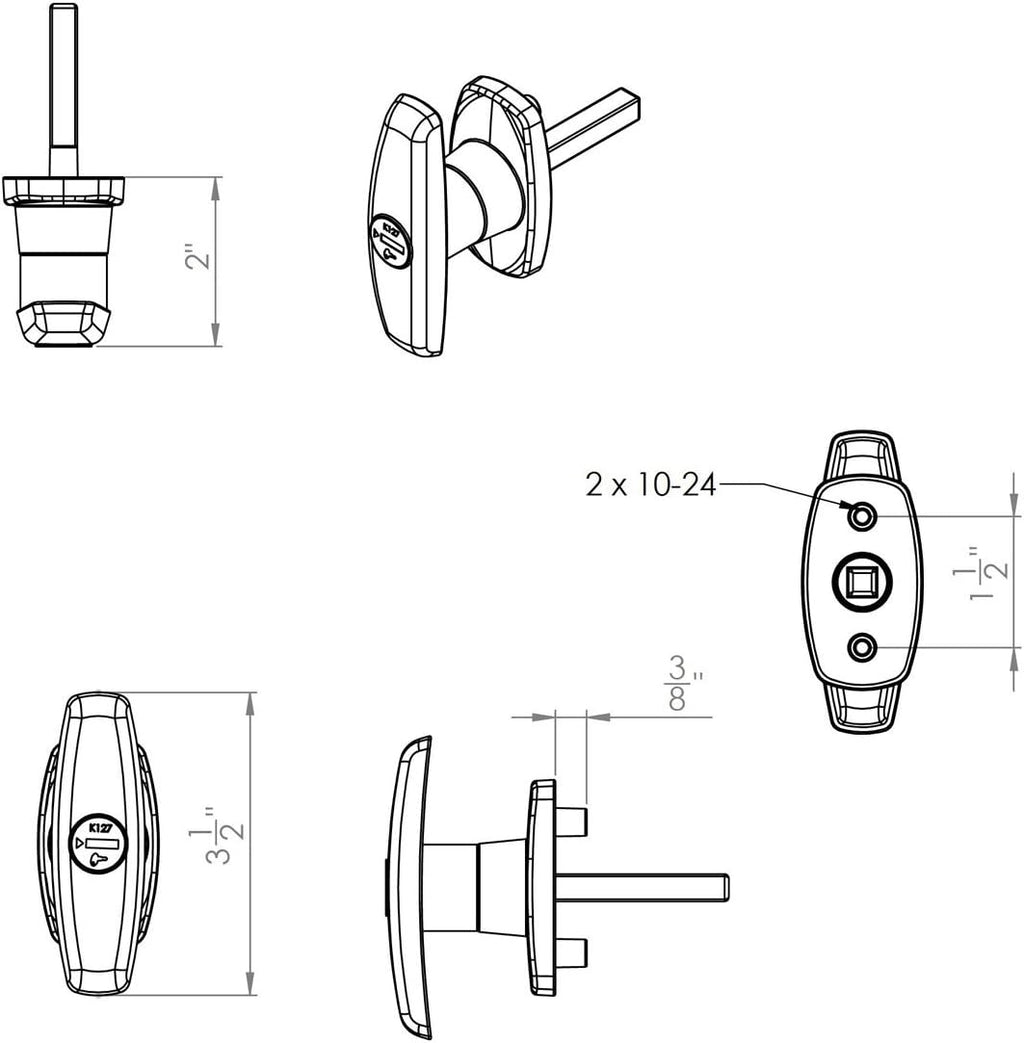 Bauer T-323T Package Matching T-Handles Lock Set | Shaft 2 Inch Total Length, 1/2" Thread on End | Keyed K-127
