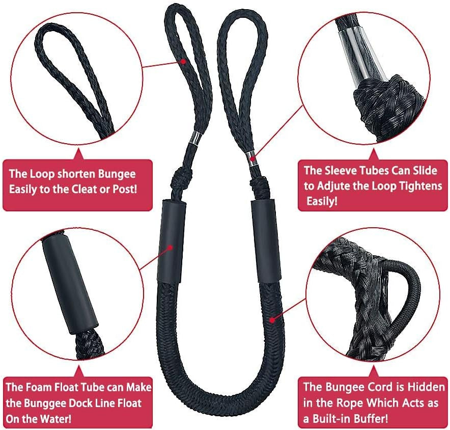 Bungee Dock Lines, 4 Feet Bungee Shock Cords Bungee Docking Rope Mooring Rope for Boat,Pwc,Jet Ski,Pontoon,Kayak,Canoe,Power Boat,Watercraft (Black without Hooks)
