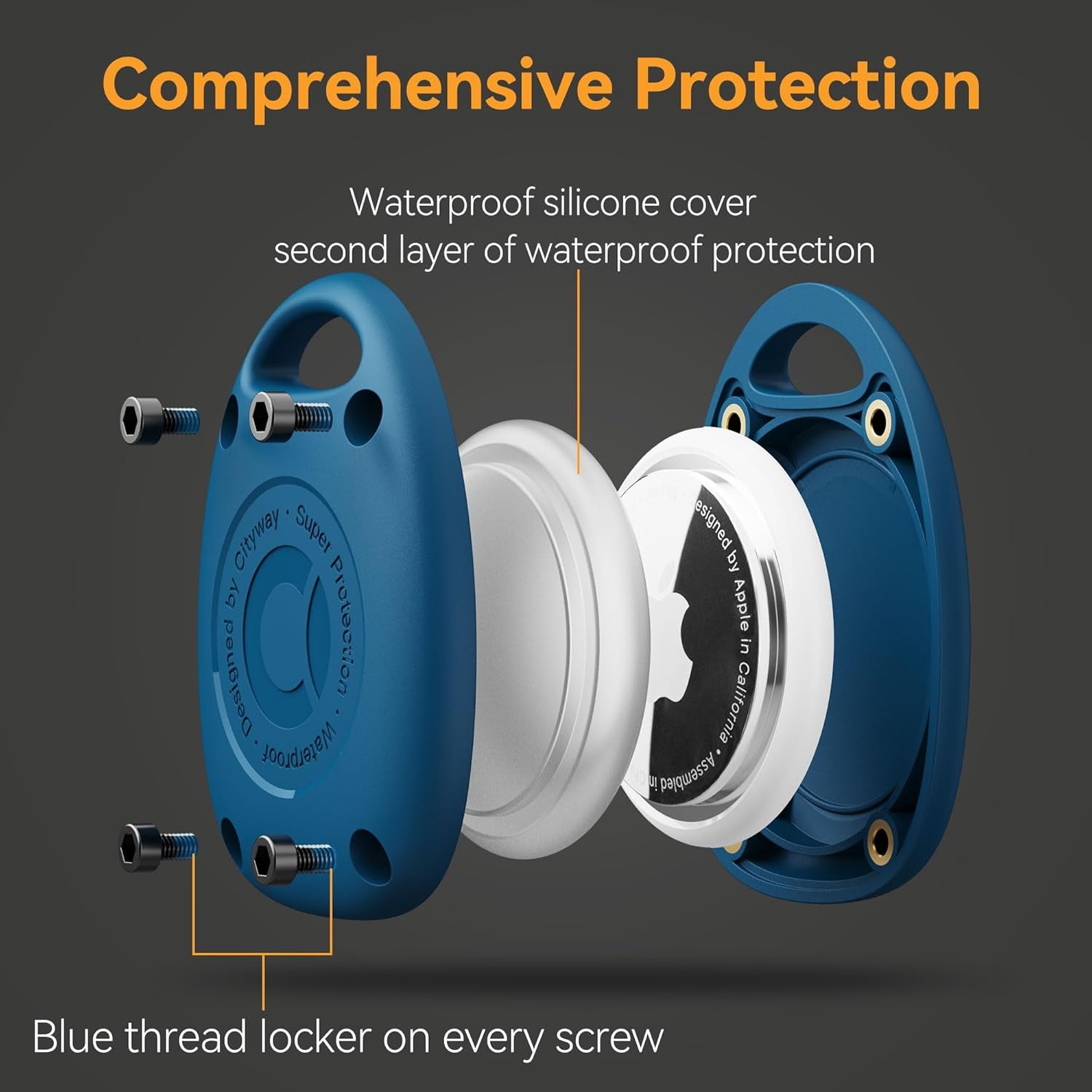 (4 Pack) for Airtag Keychain Holder Case | IPX8 Waterproof, Ultra-Compact | Portable for Air Tag Holder Cover for Backpack, Keys, Luggage - 2 Black/2 Blue