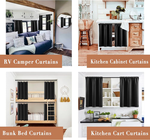 24 Inch Kitchen Small Window Curtains over Sink Waterproof Blackout RV Blinds for Camper Windows Trailer inside Accessories,Black